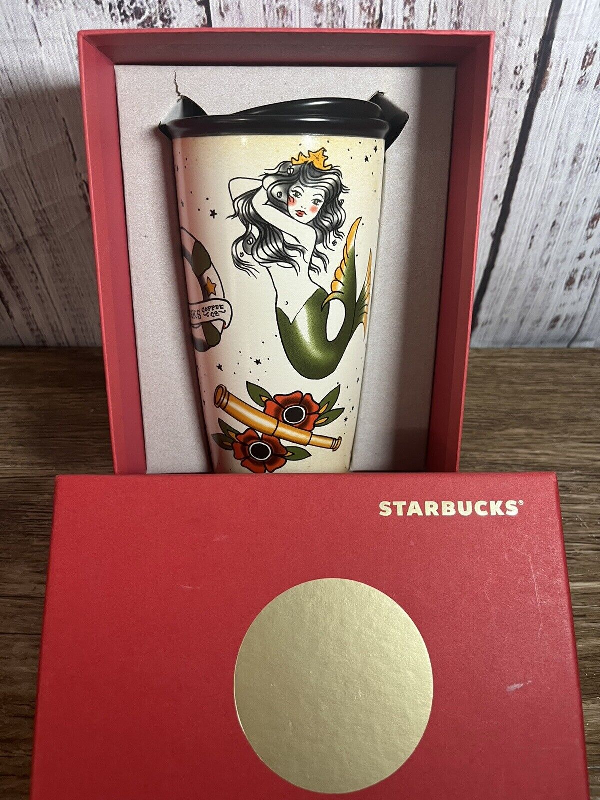 2015 Starbucks Mermaid Siren Tattoo Sailor Travel Ceramic Tumbler 12 oz NEW RARE