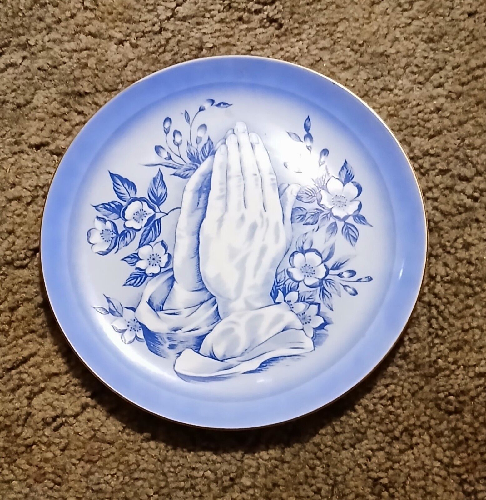 Praying Hands Vintage Religious Prayer Porcelain Decorative Blue Plate 7.75''