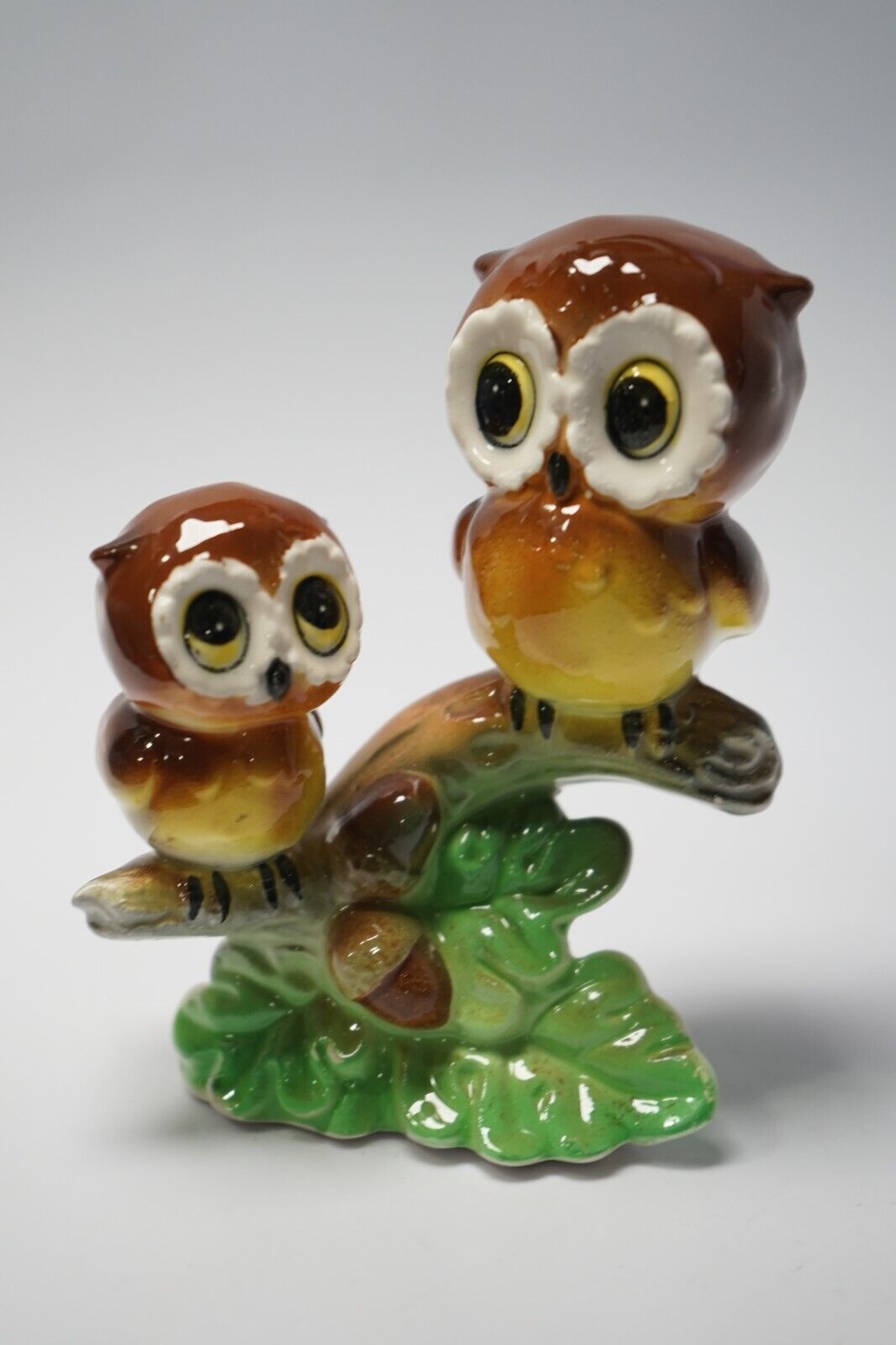Vintage Norcrest Pair of Owls On Branch with Acorns Ceramic Figurine - Japan
