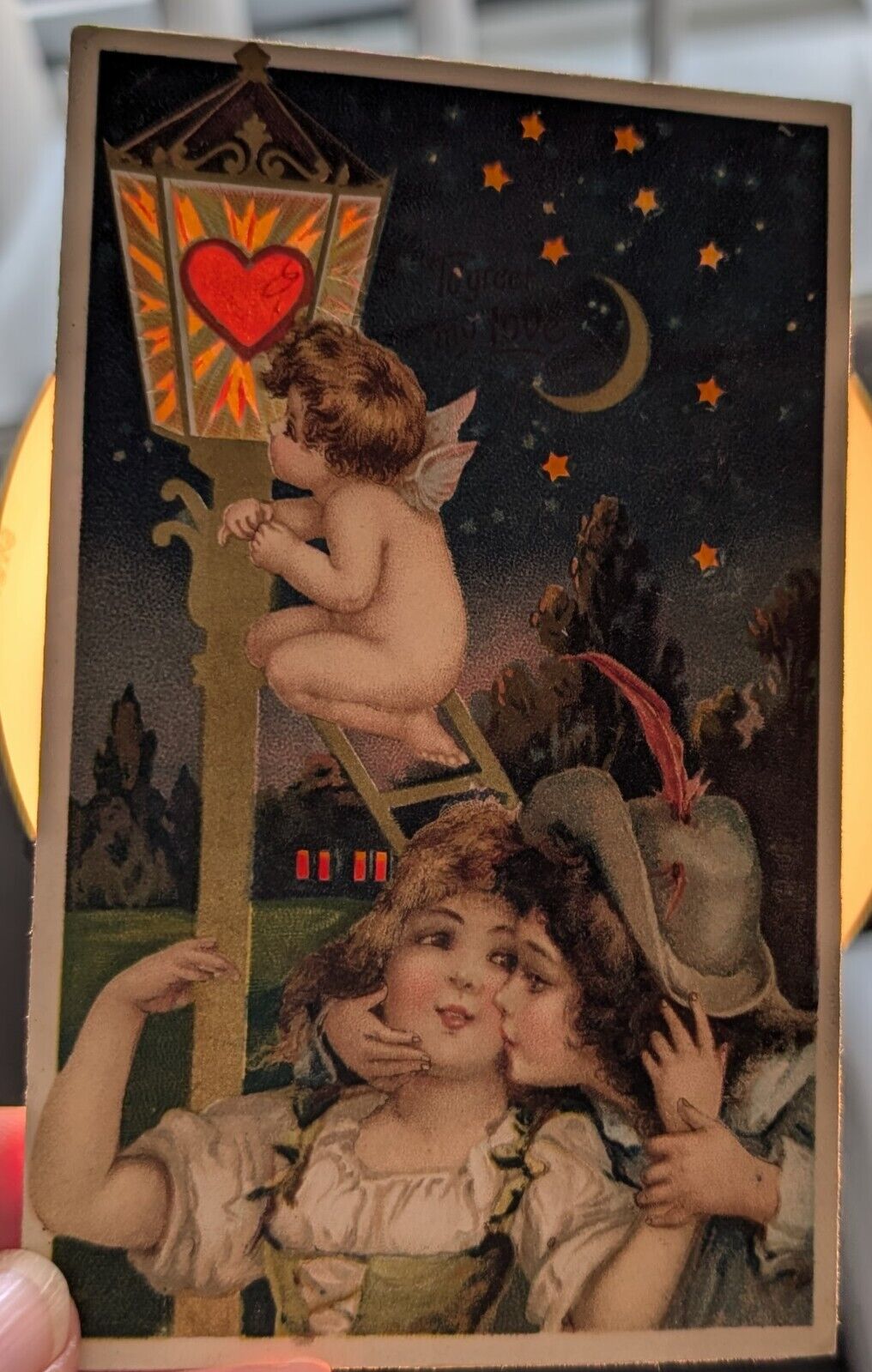 Hold to Light Vintage Valentine Postcard Shining Stars & Moon HTL Novelty c1908