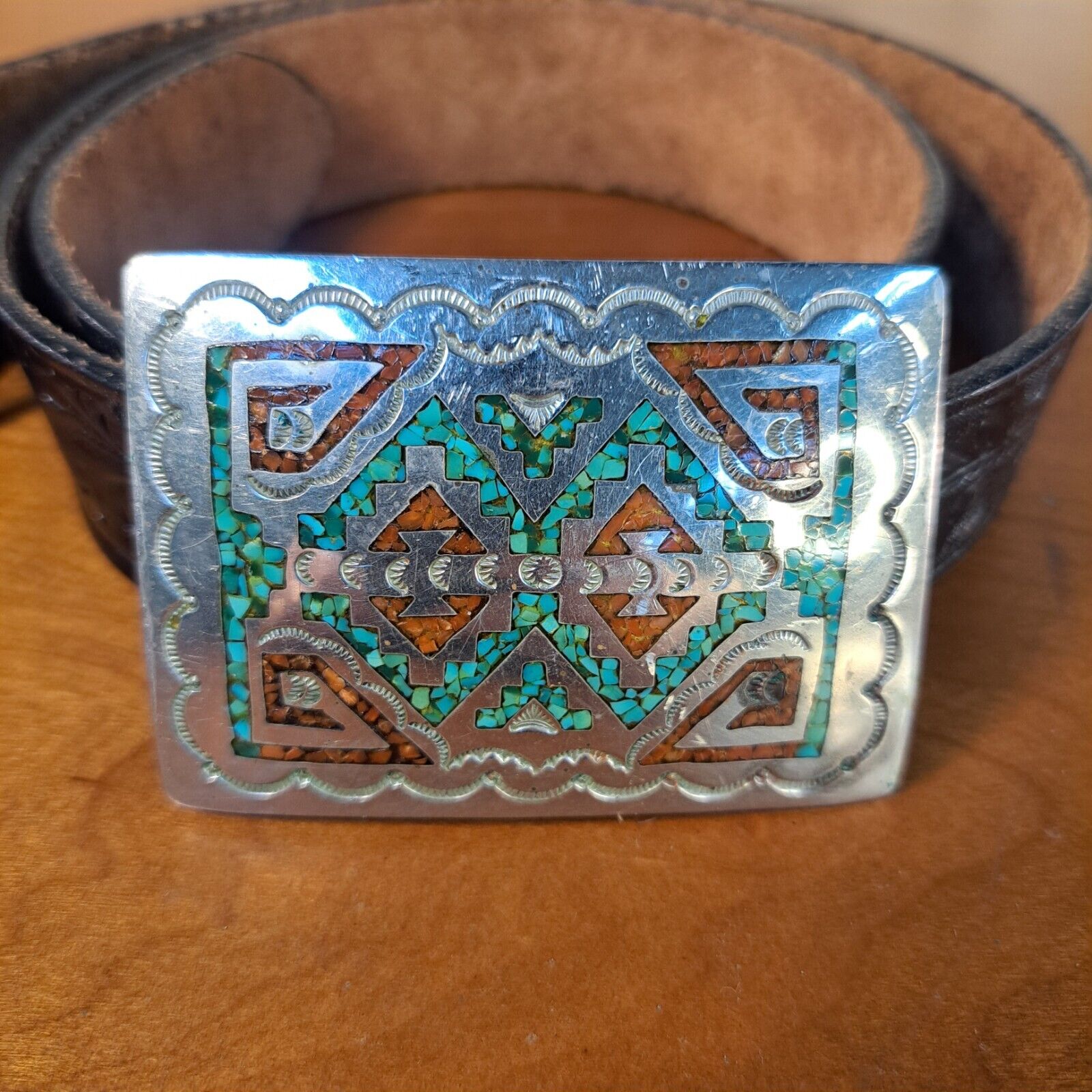 NAKAI Silver Turquoise & Coral Belt Buckle
