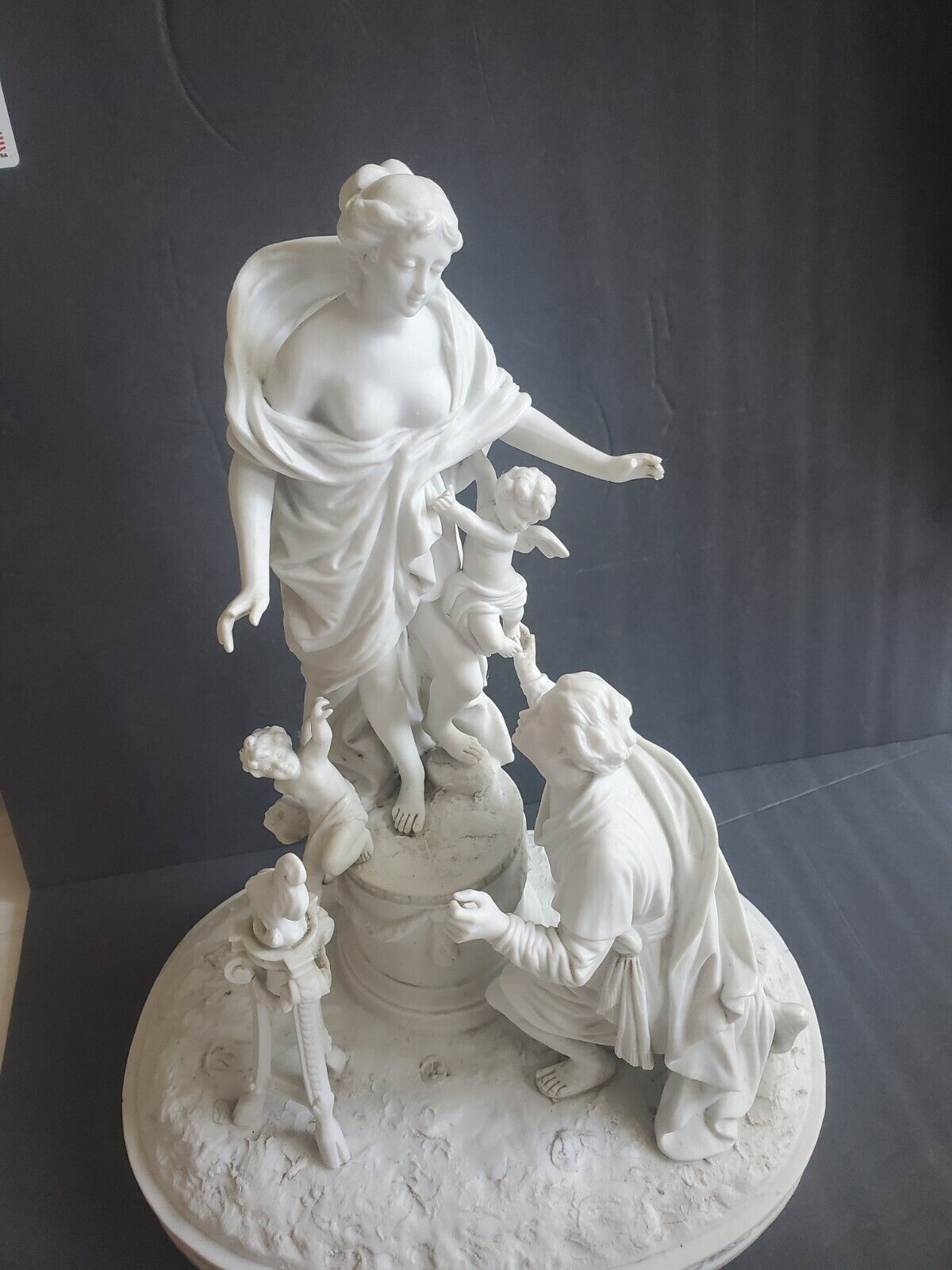 Antique Sevres Style Bisque Porcelain Classical Figural Group w Cherubs H 14