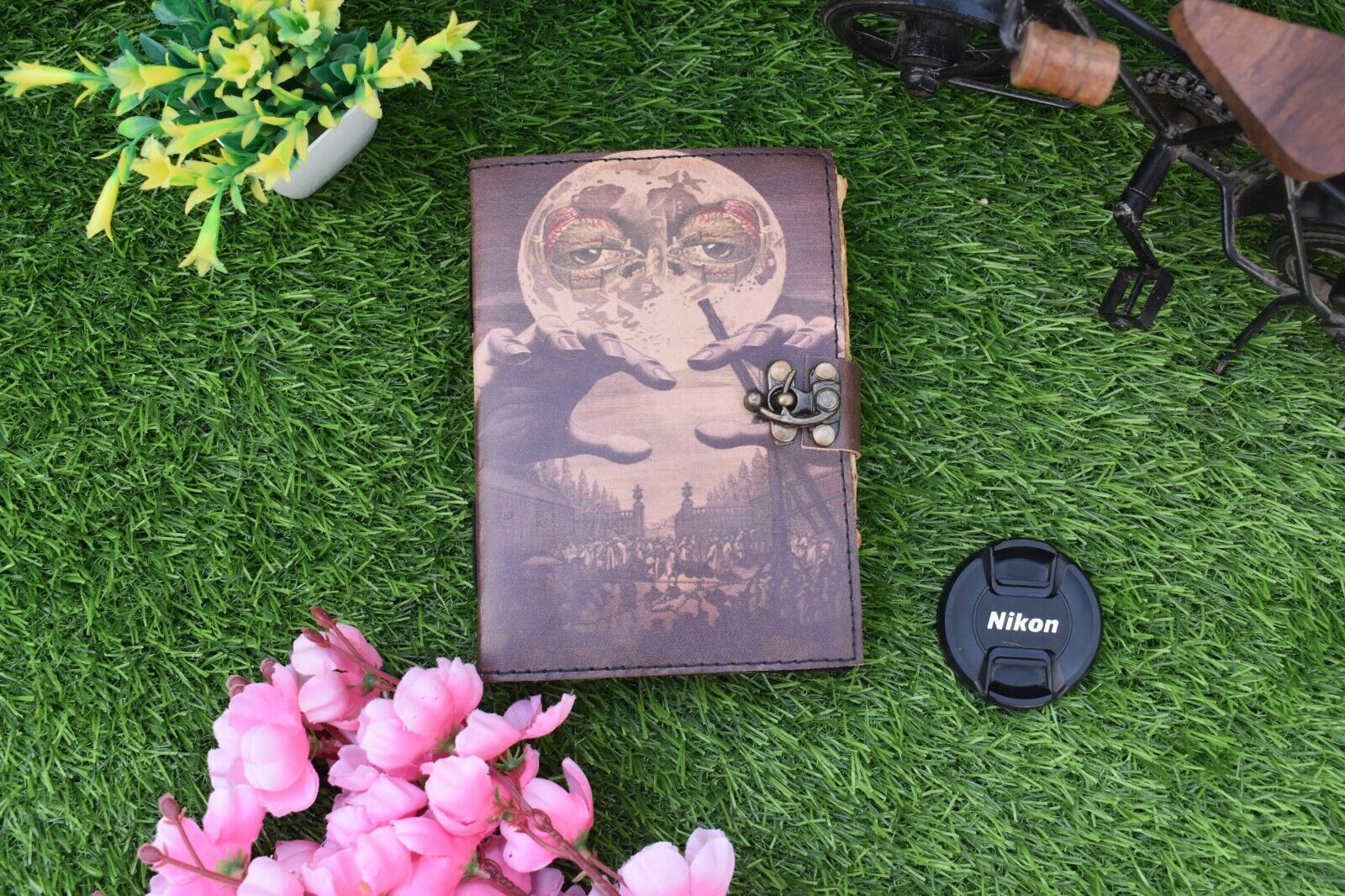 Wicca Moon Magic Witchcraft printed leather journal Deckle edge notebook 7x5\