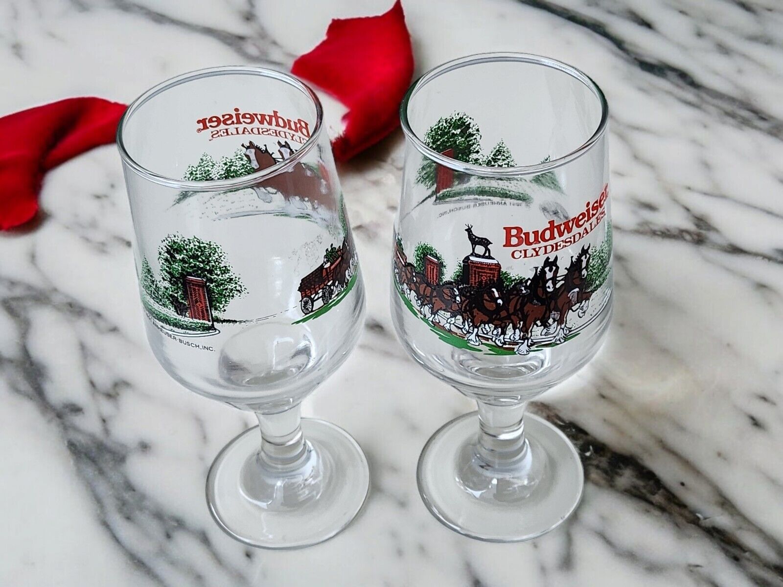 Budweiser Clydesdales Beer Glasses Goblets Stemmed 1991 Official Product Pair X2