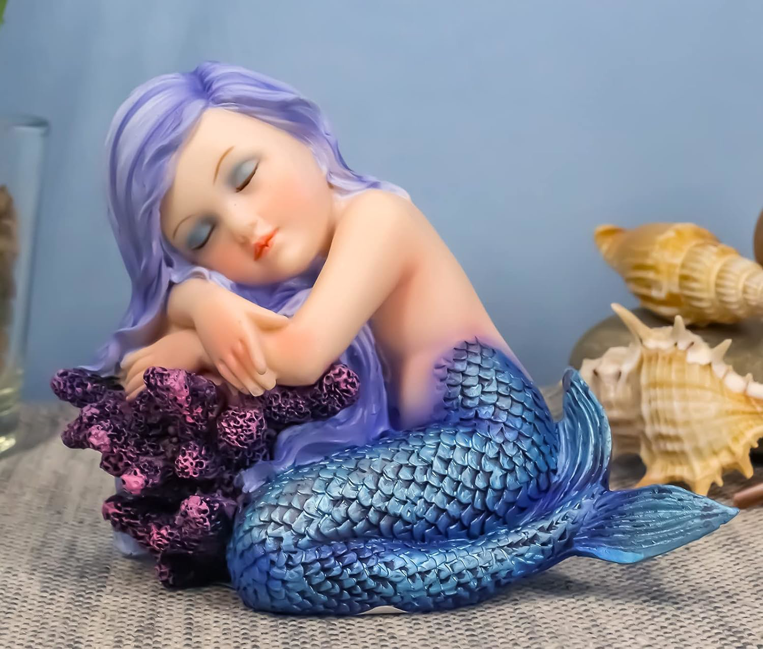 Ebros Under The Sea Blue Child Mermaid Sleeping On Coral Statue Enchansia