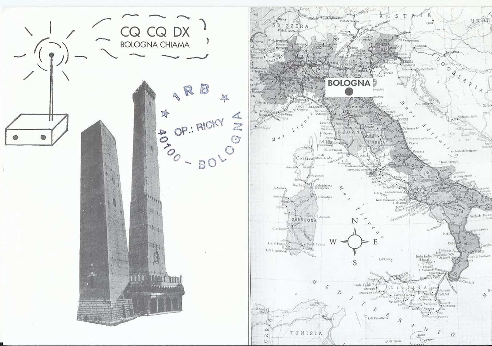 Bologna Chiama Italy QSL Card, CQ CQ DX-Map and Landmarks, 1993