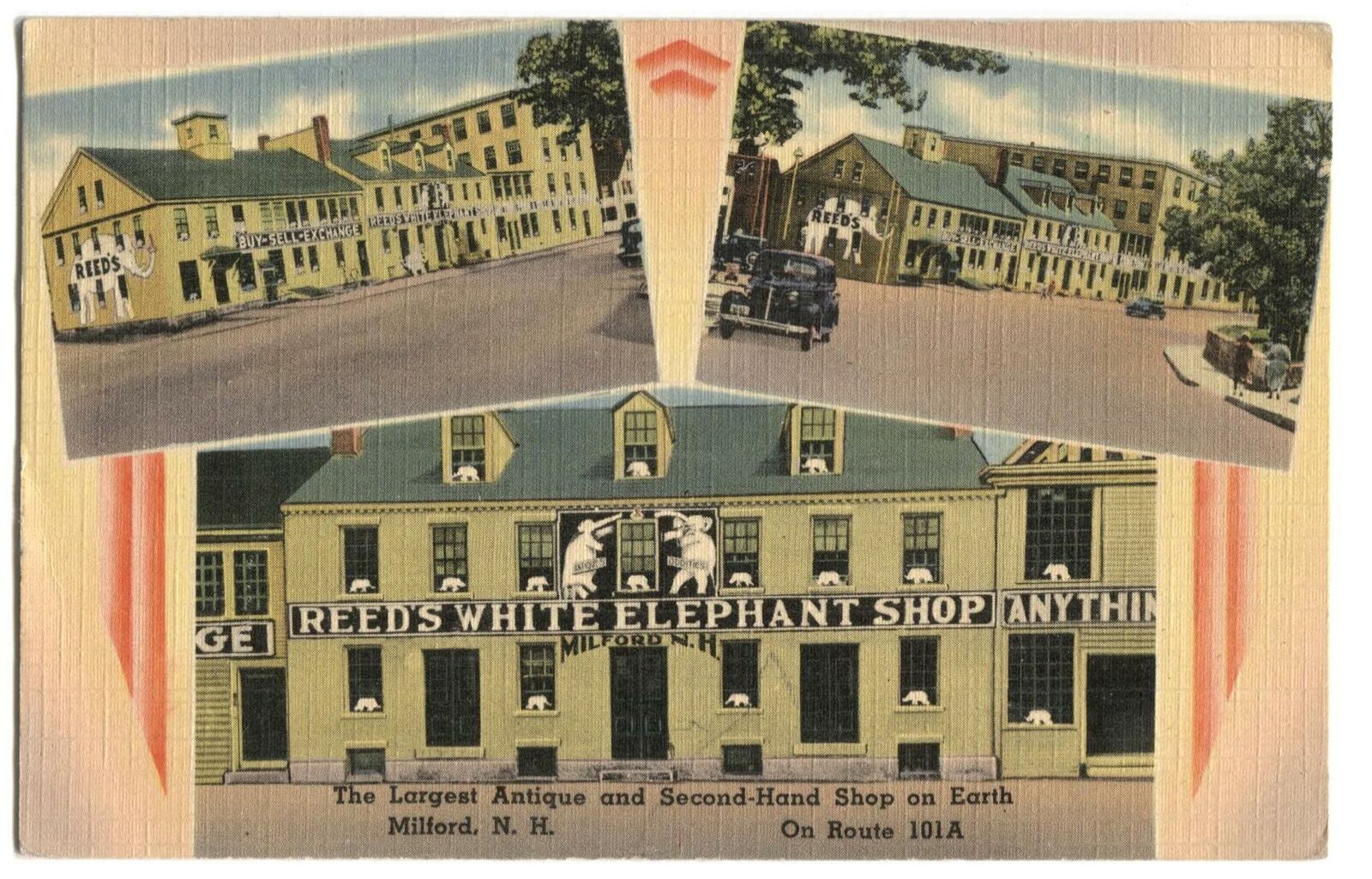 Postcard Reed\'s White Elephant Shop Milford NH Largest Antique Second Hand Shop