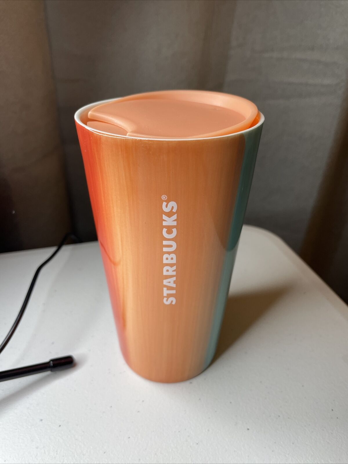 starbucks coffee tumbler 12 oz Vintage With Lid. Orange And Green Used Good Cond