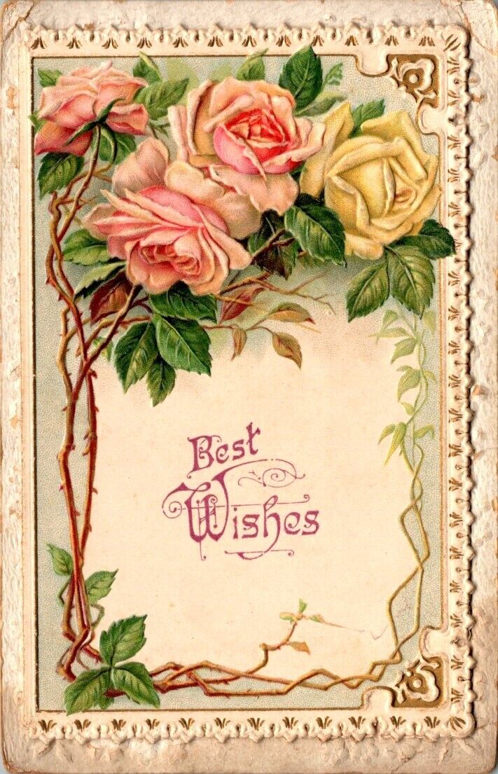 vintage postcard - Best Wishes pink &yellow roses embossed unposted c 1900s