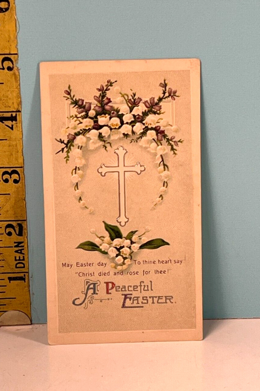 Vintage A Peaceful Easter Prayer embossed prayer card with cross & flowers .