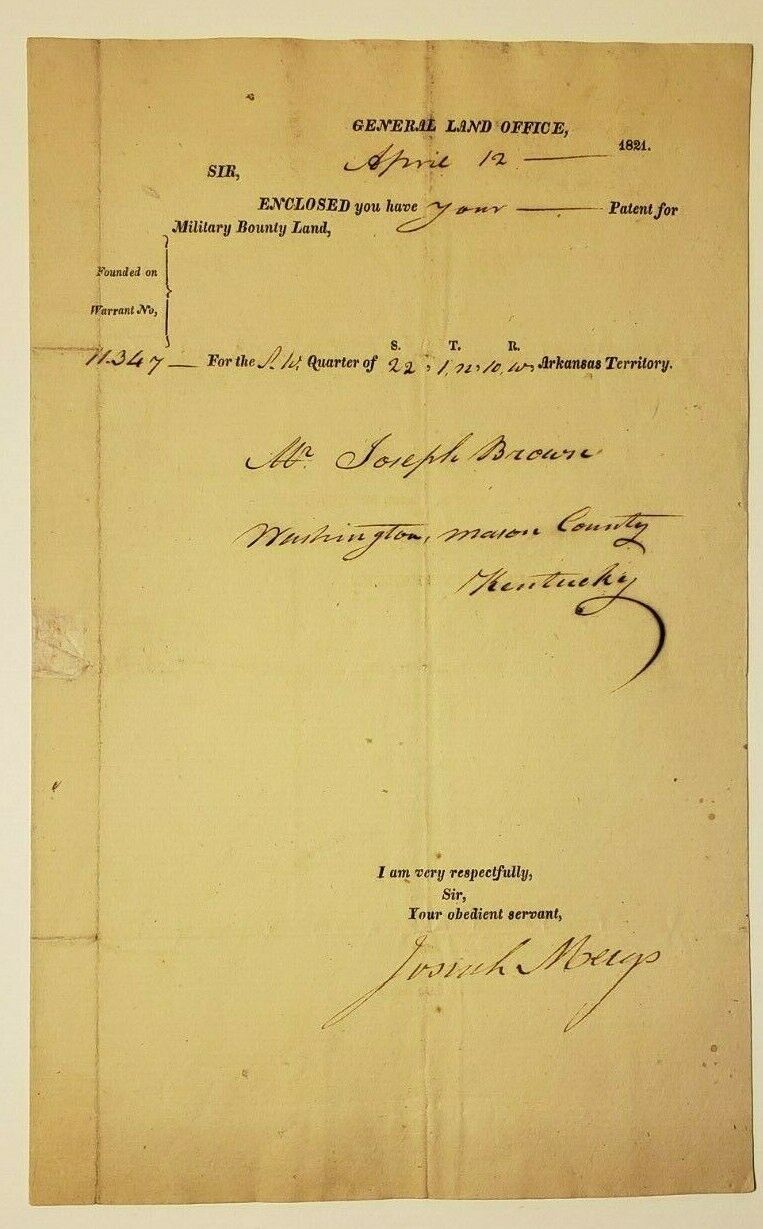 1821 ARKANSAS TERRITORY 'MILITARY BOUNTY LAND' 1ST ARK SURVEYOR SIGNED JOS MEIGS