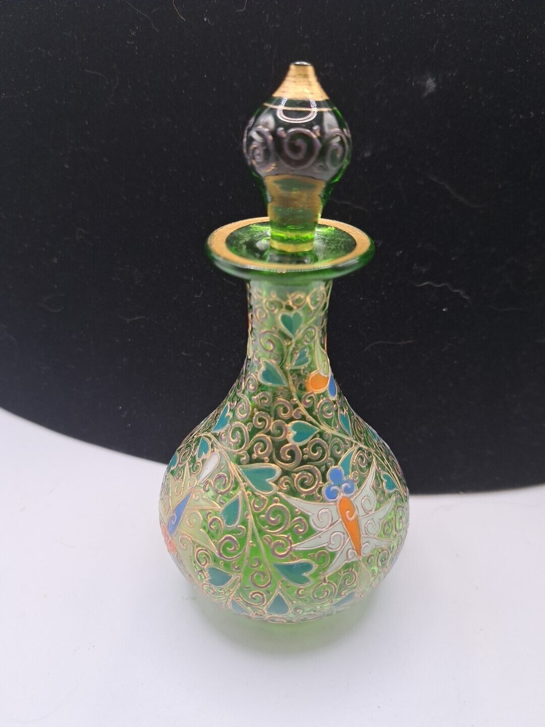 Antique Bohemian Moser Green Glass Perfume Bottle Heavy Enamel Gilt