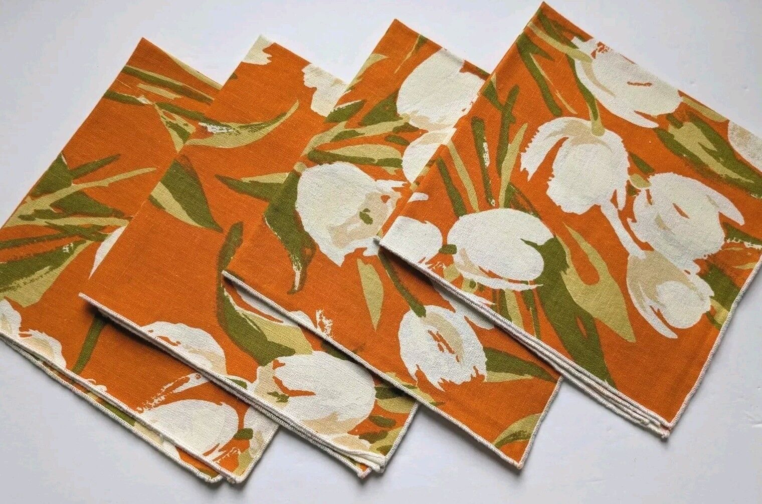 Vintage 70s Orange Tulip Floral Cloth Napkin Retro Mod Screenprint Fabric Set 4