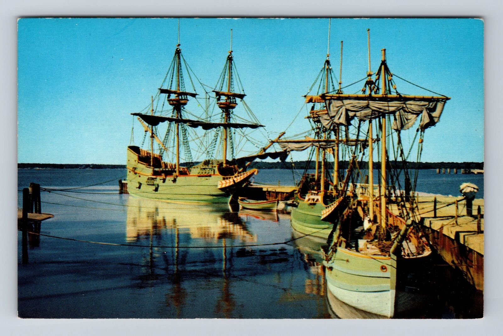 Jamestown VA-Virginia, Three Ships At Dock, Antique, Vintage Souvenir Postcard