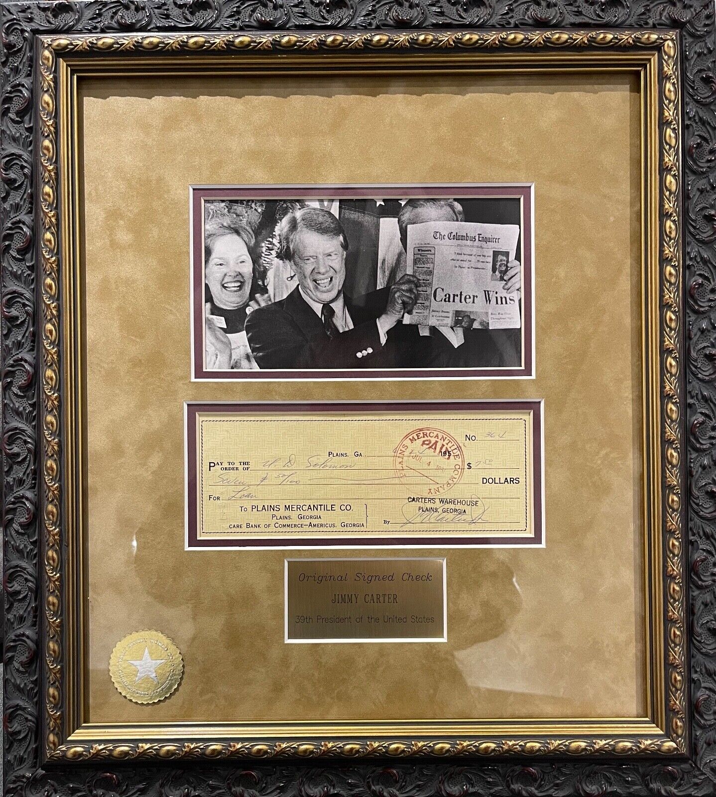 Rare Former U.S President Jimmy Carter Hand Signed Mounted Cheque & COA 50x 40cm