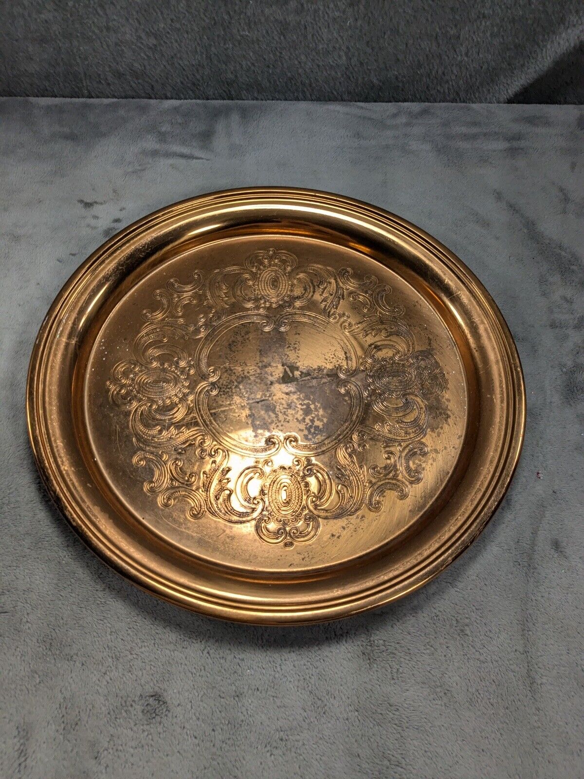Vintage Round Copper Colored Tray Platter Etched with Floral Pattern 12
