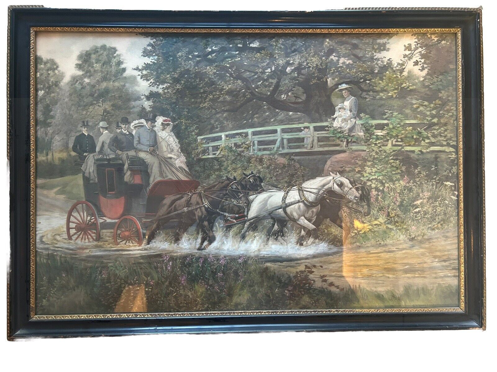 Vintage c. 1950's 'Travel On  Hand Colored Photograph in Wood Frame