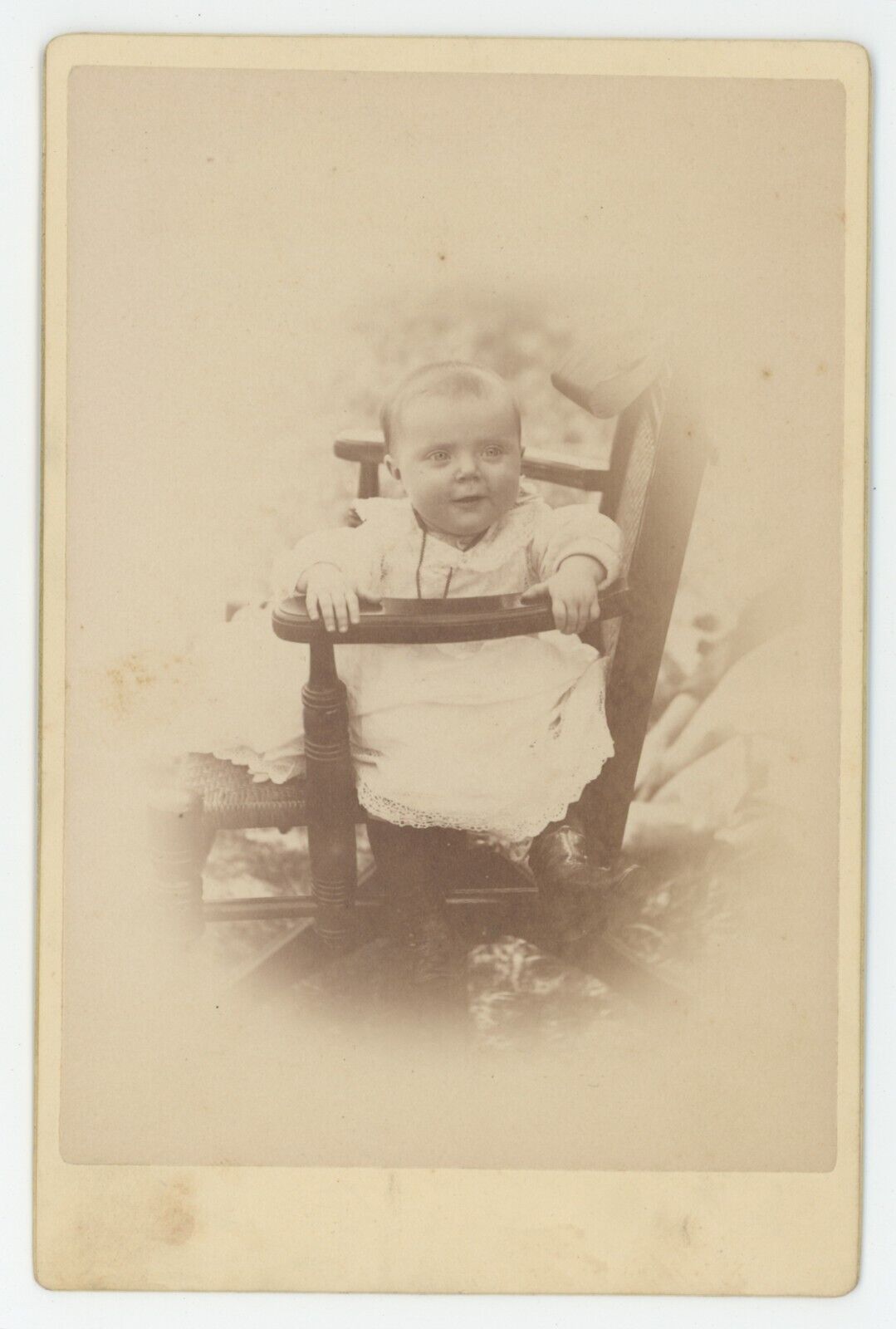 Antique Circa 1890s Cabinet Card Adorable Smiling Baby Sitting in High Chair