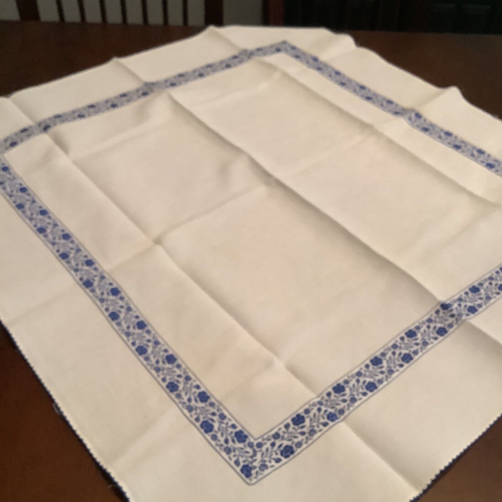 Vintage Embroidered Ribbon Tablecloth Cotton table Topper Measures 32” Square