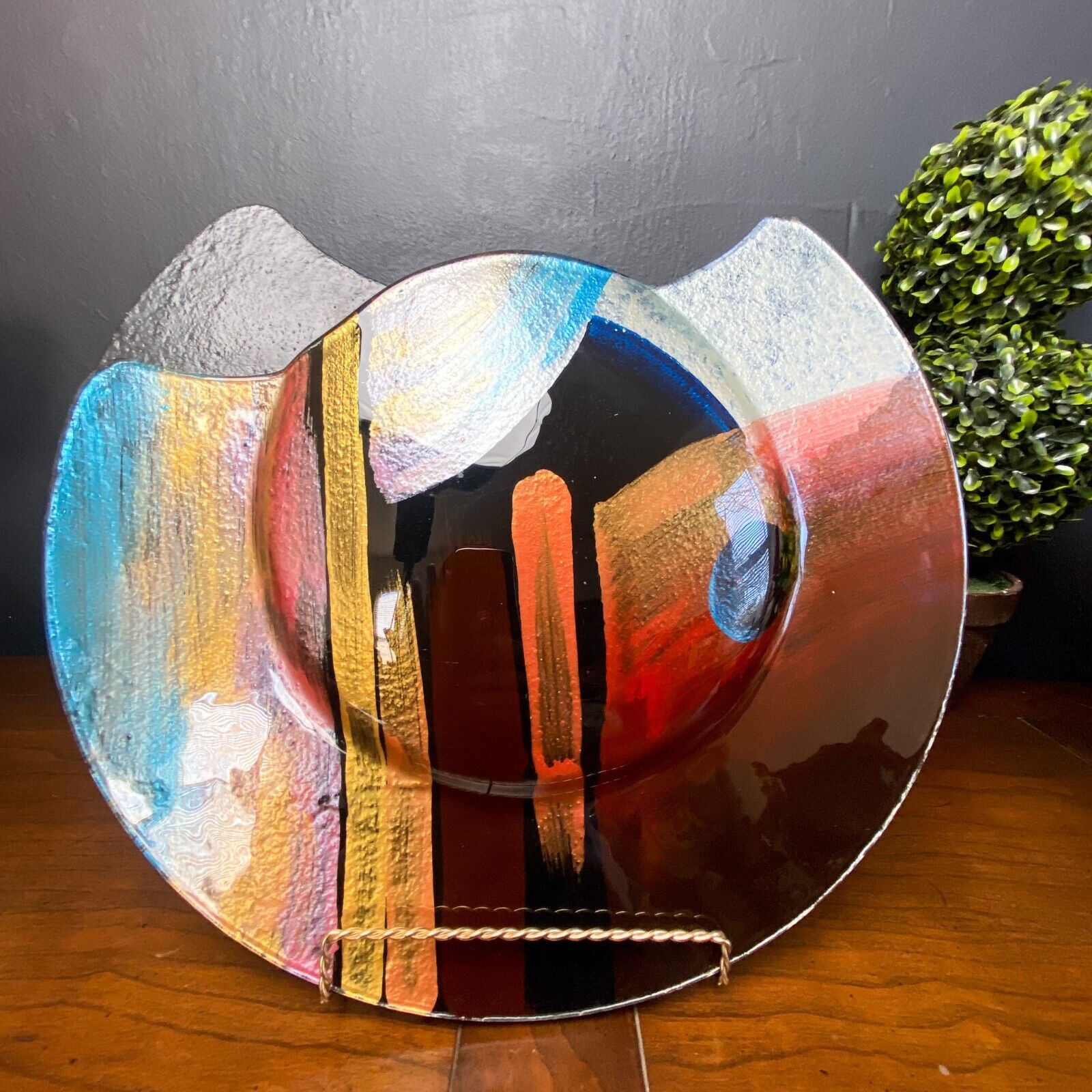 Vtg Fused Art Glass Postmodern Wall Pocket Hanging Plate Vase Planter