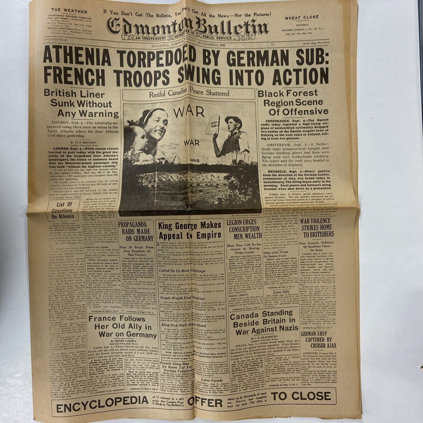 Edmonton Bulletin Newspaper Alberta Canada September 4, 1939 World War Declared