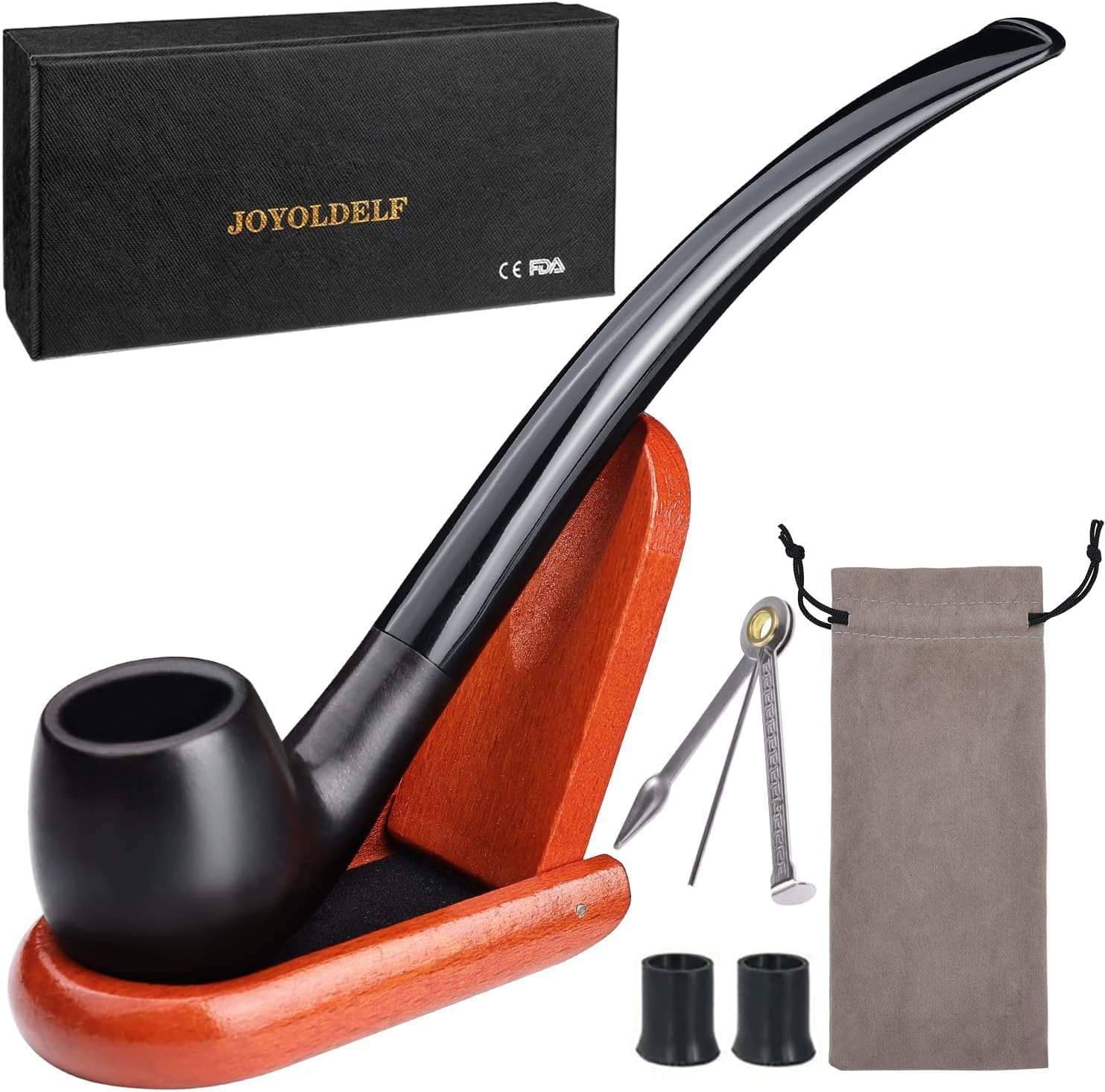 Joyoldelf Tobacco Pipe, Luxury Wooden Smoking Pipe with Tobacco Pipe Stand, Ebon
