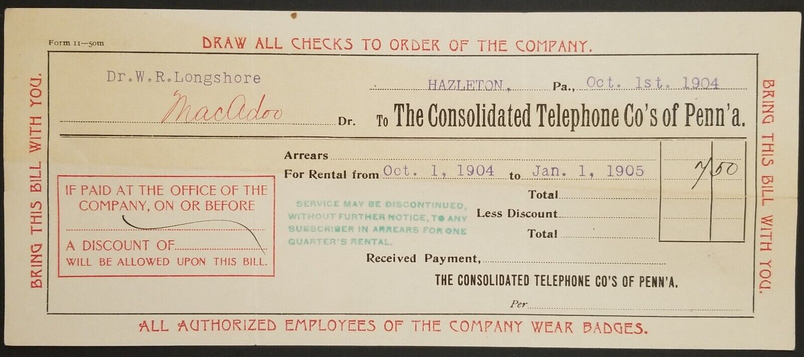 1904 Consolidated Telephone Rental Bill Slip Hazleton Pennsylvania Dr. Longshore