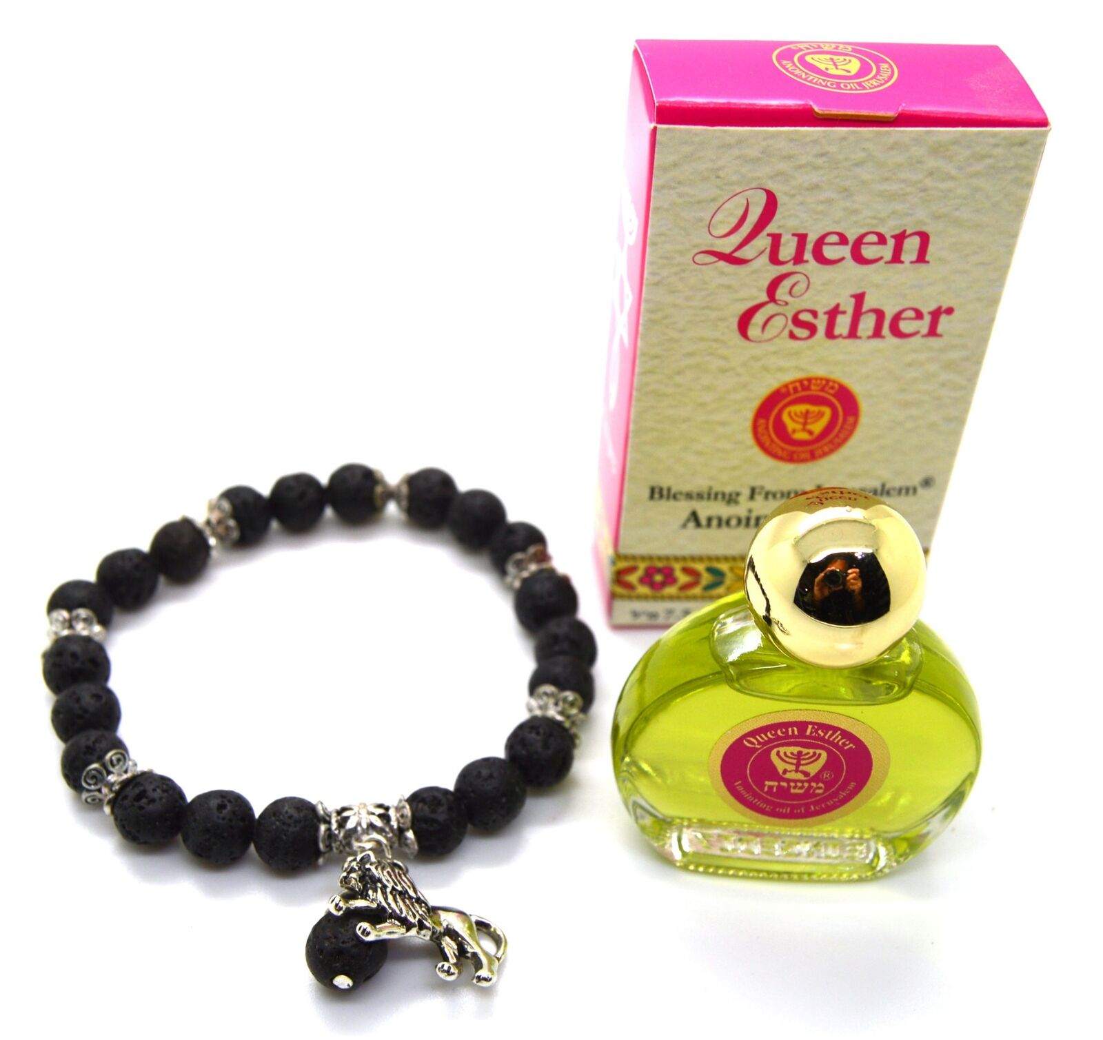 Lion of Judah Lava Bead Bracelet with Blessing from Jerusalem Queen Esther Oil