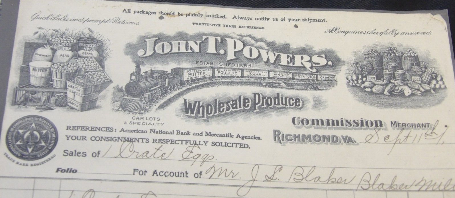 Vintage LETTERHEAD-John T. Powers Produce-Richmond, Va