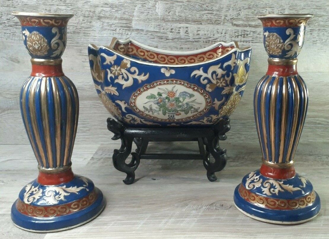 3 Piece Set Chinese Porcelain Bowl w/Stand & 2 Candlestick Holders
