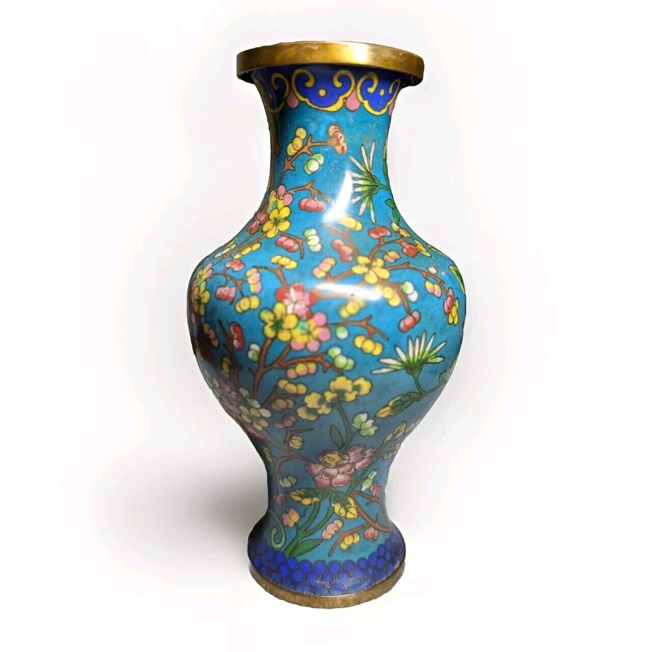 Vintage Chinese Cloisonne Floral Turquoise Multi  Enameled Brass Vase 
