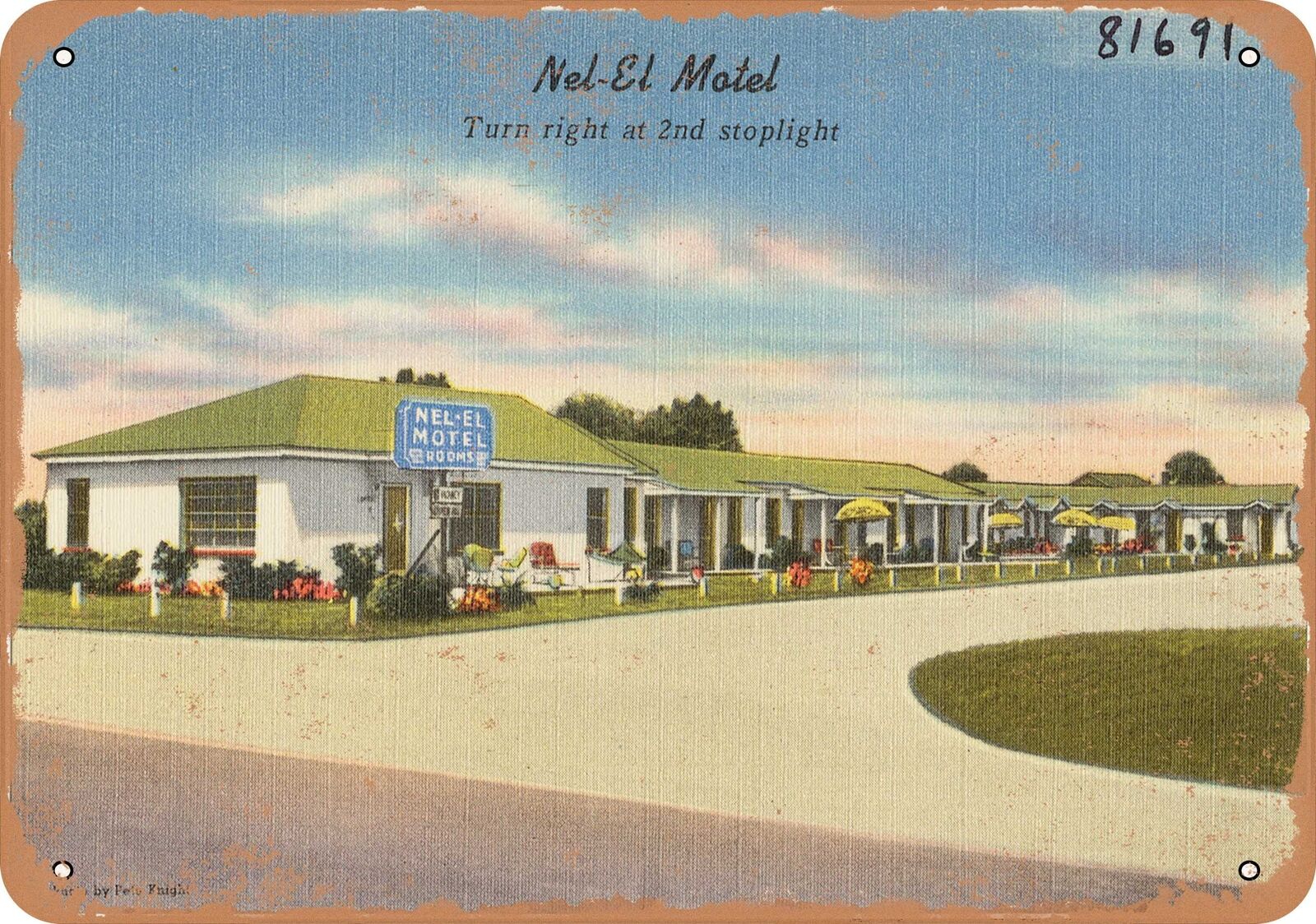 Metal Sign - North Carolina Postcard - Nel-El Motel, turn right at 2nd stopligh
