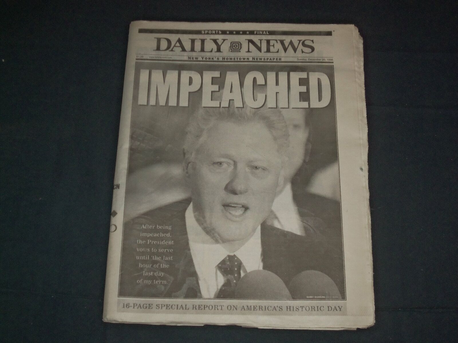 1998 DECEMBER 20 NEW YORK DAILY NEWS NEWSPAPER - CLINTON IMPEACHED - NP 3491