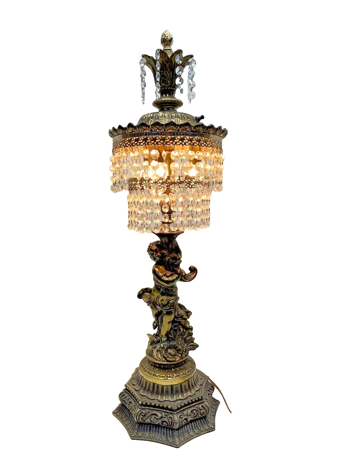 Vintage Cherub lamp brass spelter Lamp beaded Crystal Hollywood Regency Waterfal