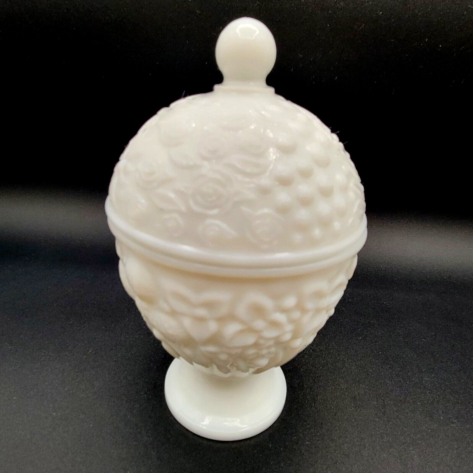 RARE Vintage Avon White Milk Glass Lidded Candy Dish Embossed Flowers and Grapes