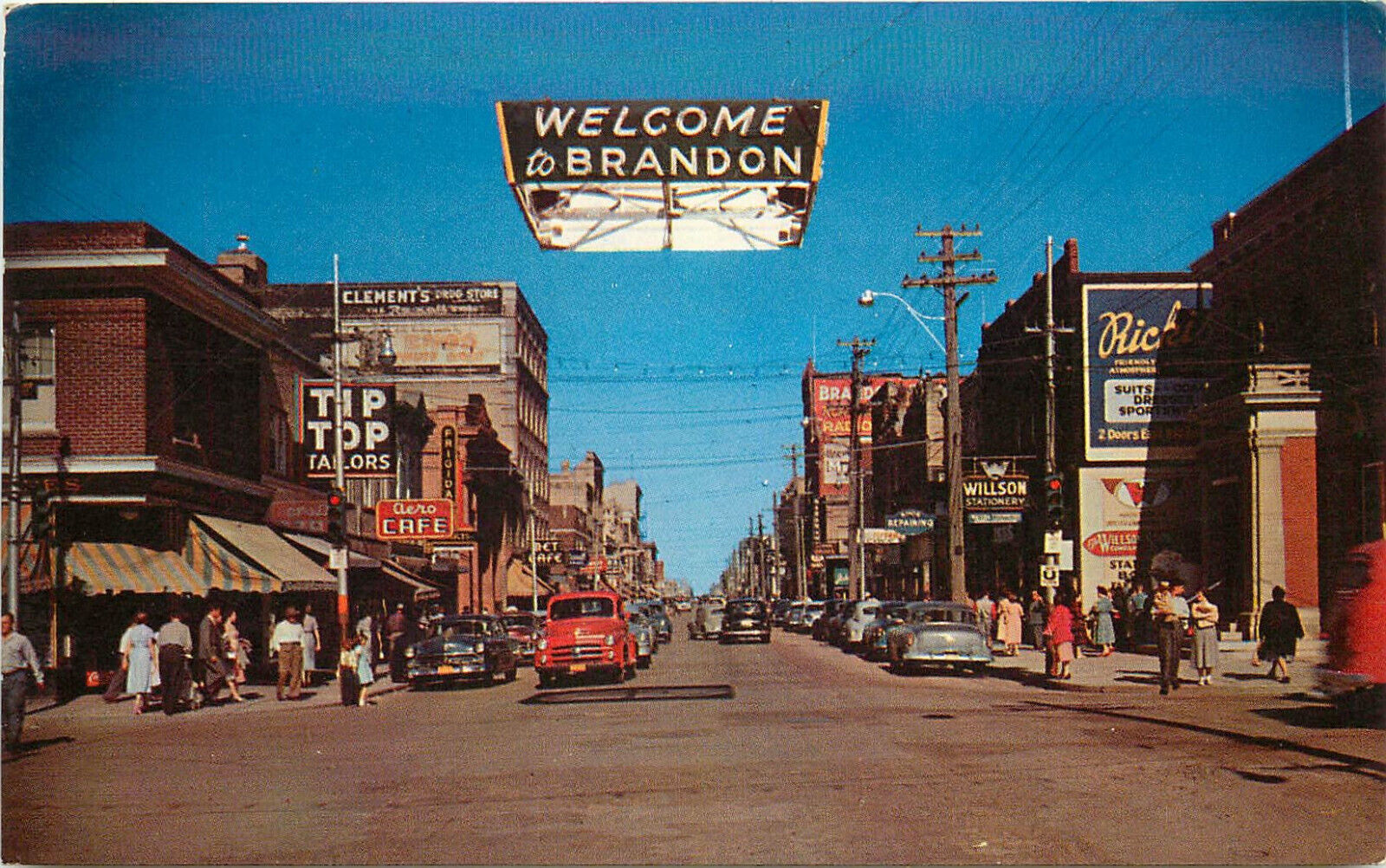 Postcard Rosser Ave Brandon Manitoba Canada Tip Top Tailors Willson Stationery