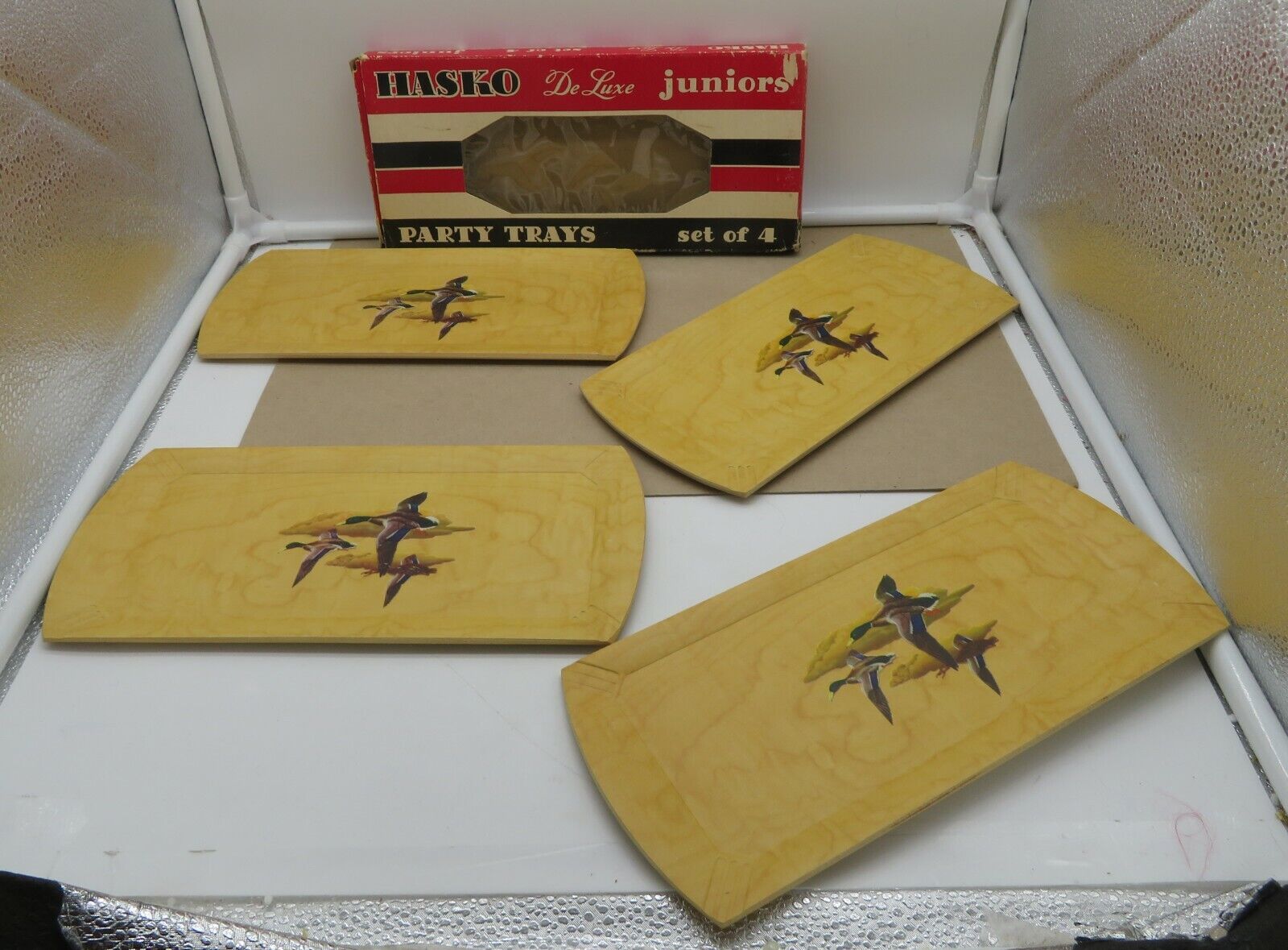 Set of 8 Vintage HASKO Junior Serving Trays Ducks Flying Lithograph with boxes
