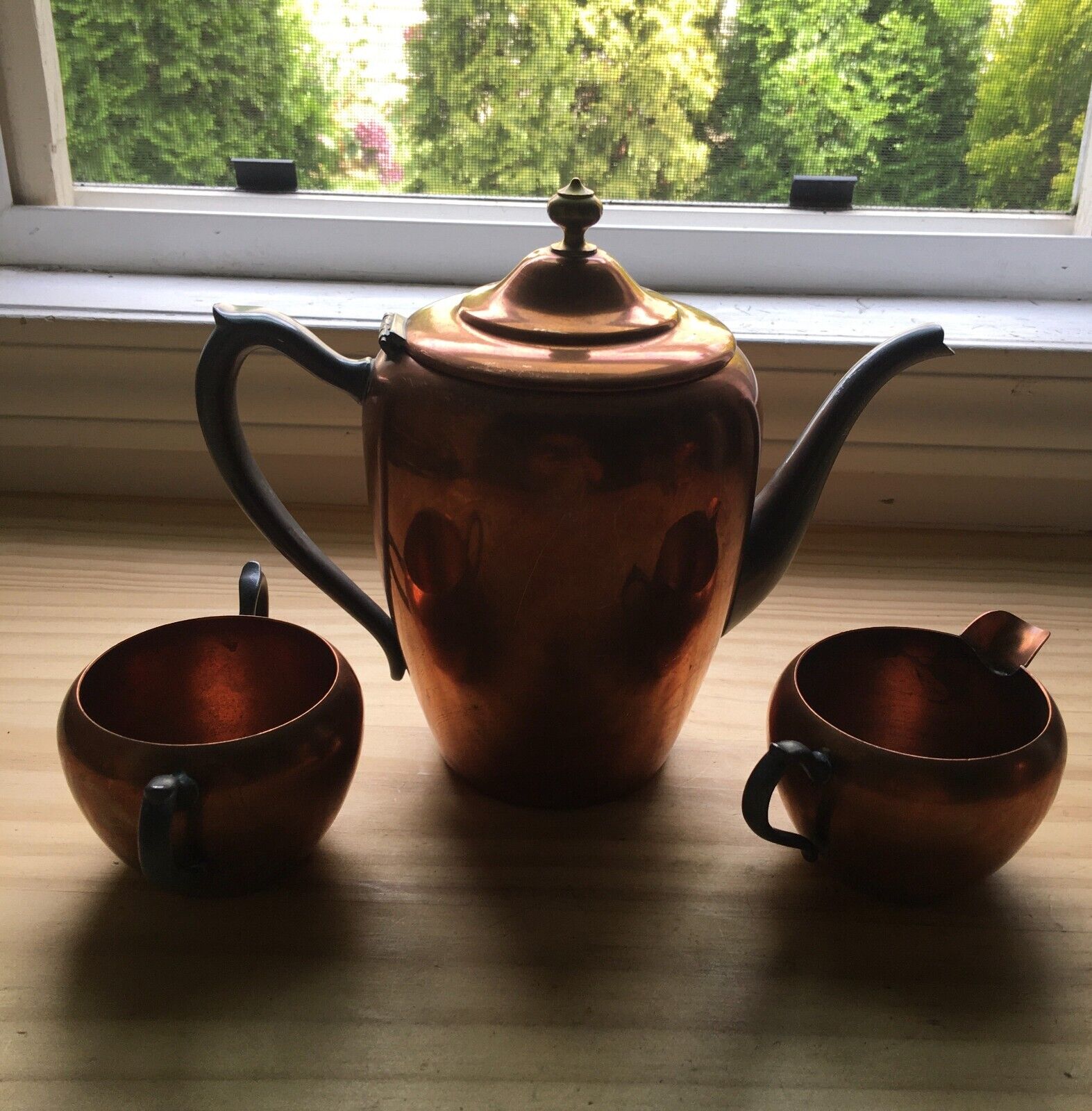 Vintage F. B. R. Copper & Pewter Coffee / Teapot w/ Creamer & Sugar Bowl 3-Piece