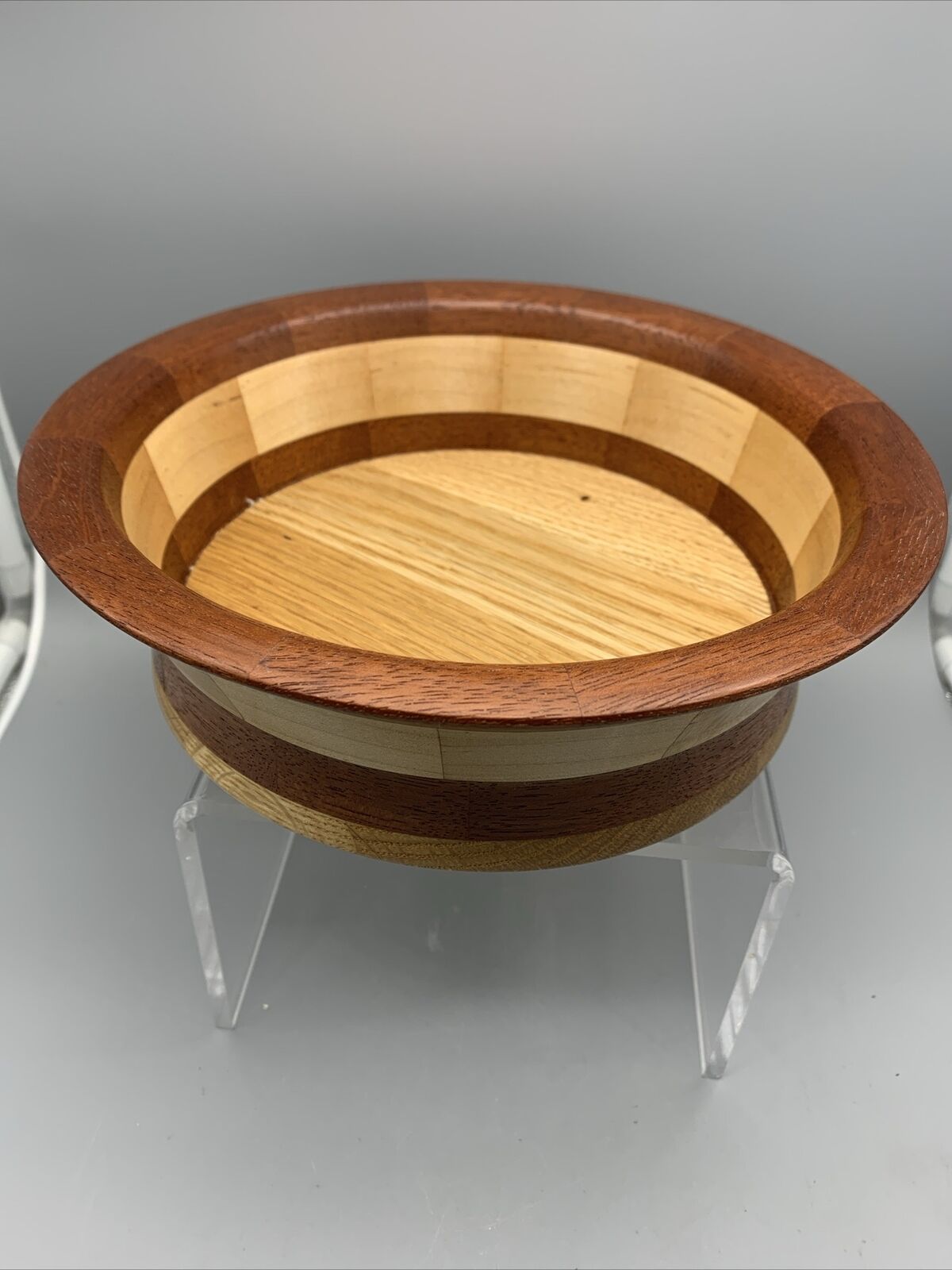 Artisan Handmade Wood Inlaid Segmented Bowl Light Dark Wood Round Multi tone