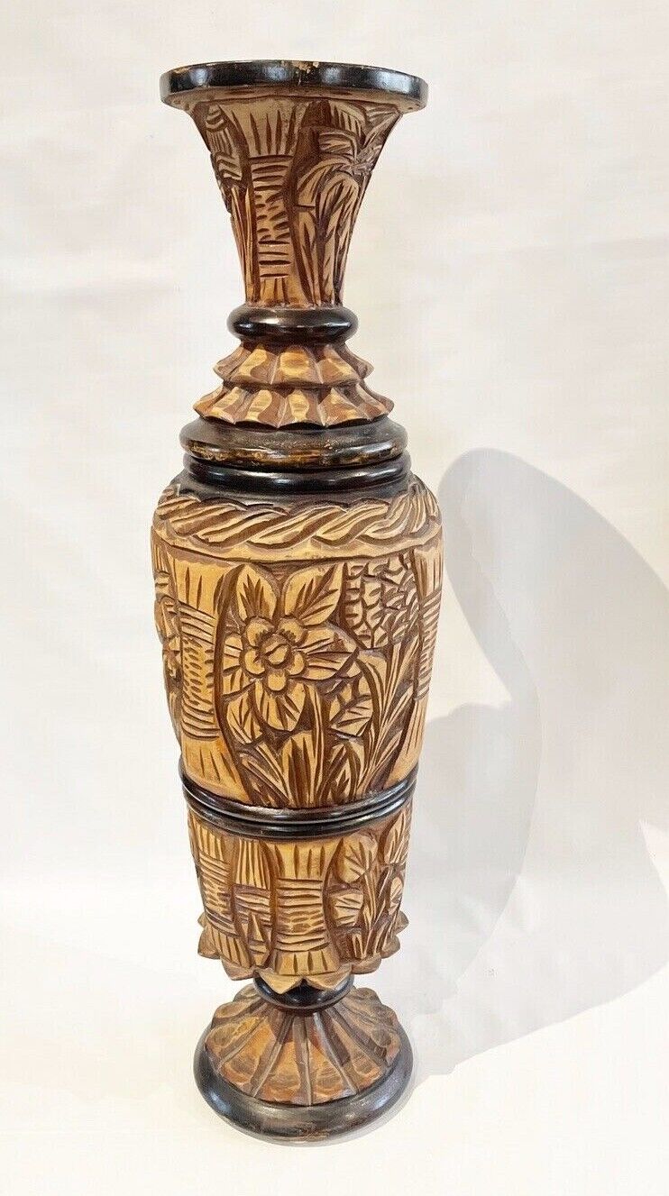 Vtg 33” teak Turn Hand Carved HAWAII tiki pineapple floral Wood FLOOR art Vase