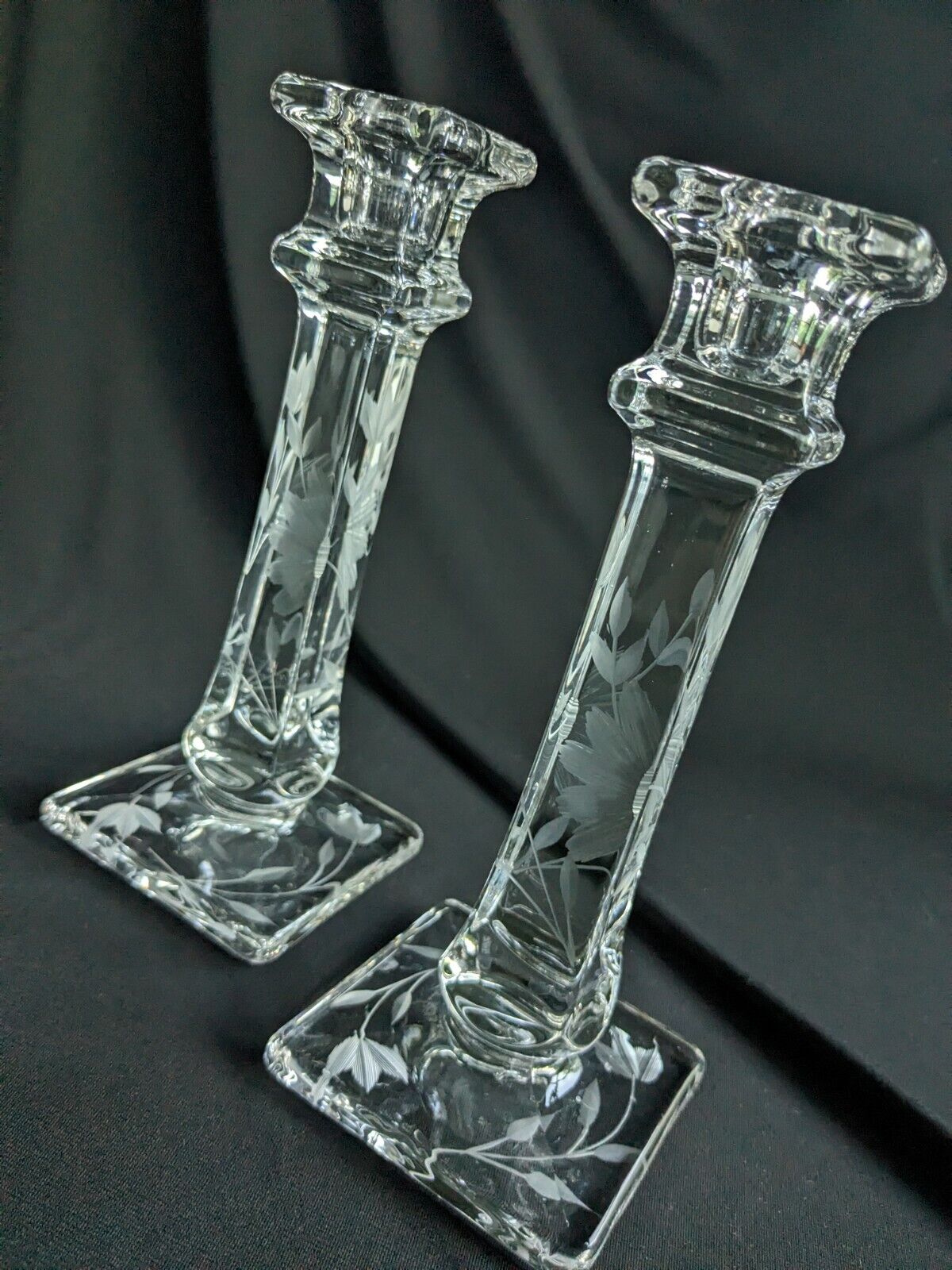 Vintage Etched Floral Clear Glass Taper Candle Holders