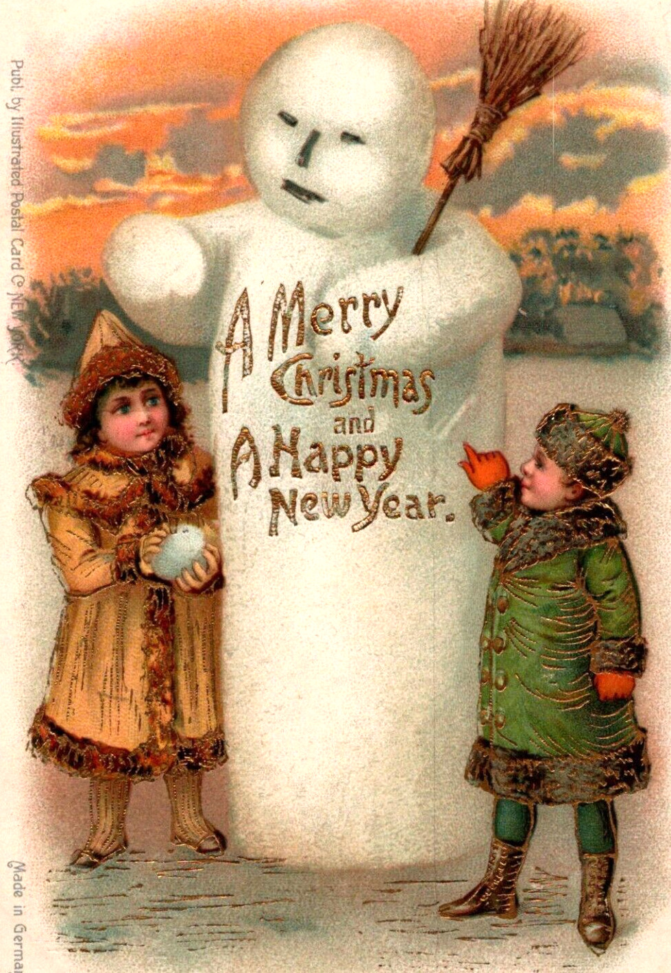 1904 Merry Christmas New Year Glitter Postcard Lovely Young Girls Build Snowman