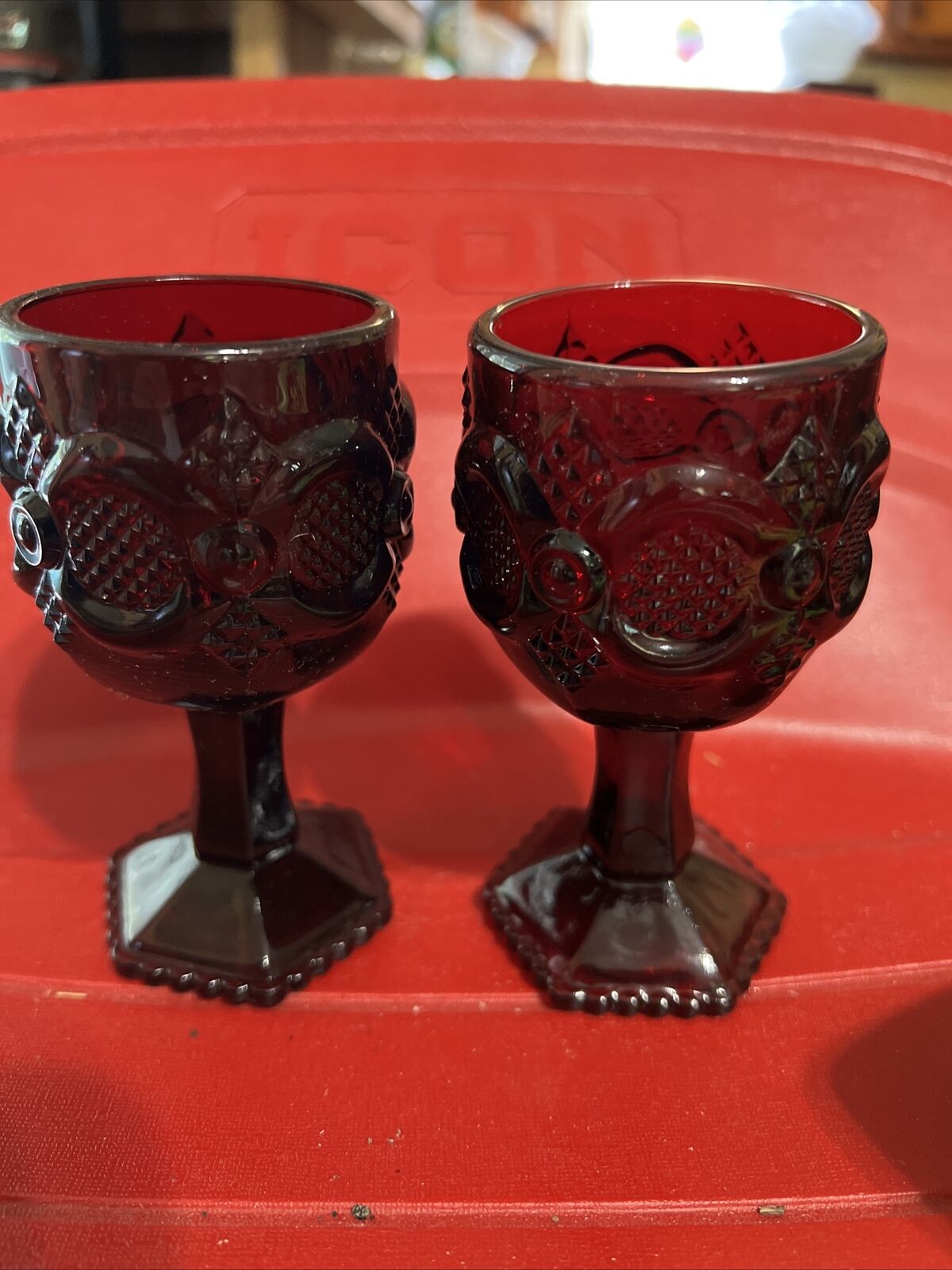 Avon 1876 Cape Cod Collection  Ruby Red Glass Wine Goblet. 2 Total  4-1/2\