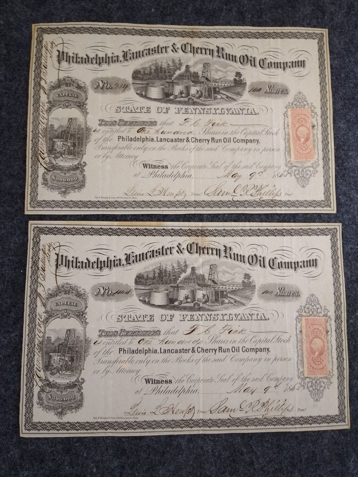 Philadelphia Lancaster Cherry Run Oil Co Stock Certificate Vintage US LOT of 2