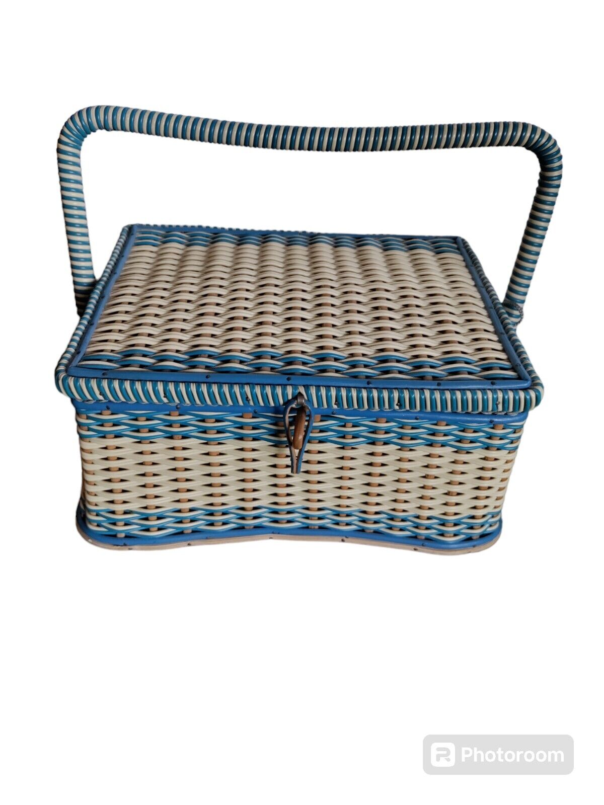 Vintage Wicker Sewing Basket West Germany With Handle Wood Bottom