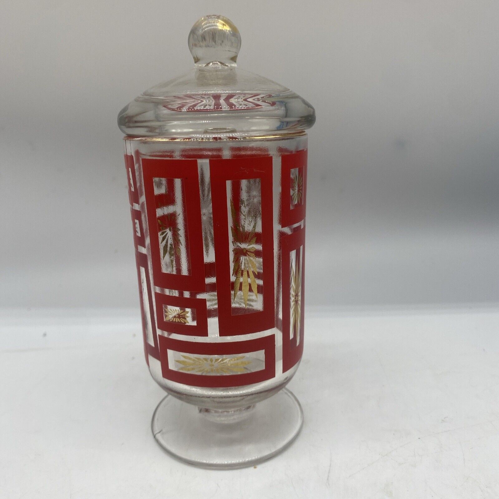 Vintage Mcm Jeannette Red Gold Starburst BARWARE Jar