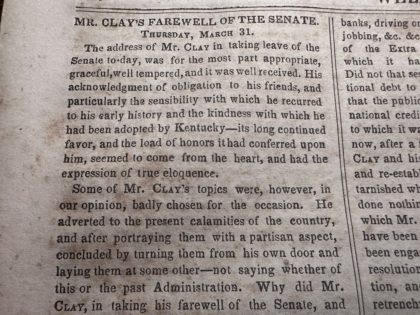 1842 Texas Mexico Invasion Henry Clay Senate Farewell Address Newspaper
