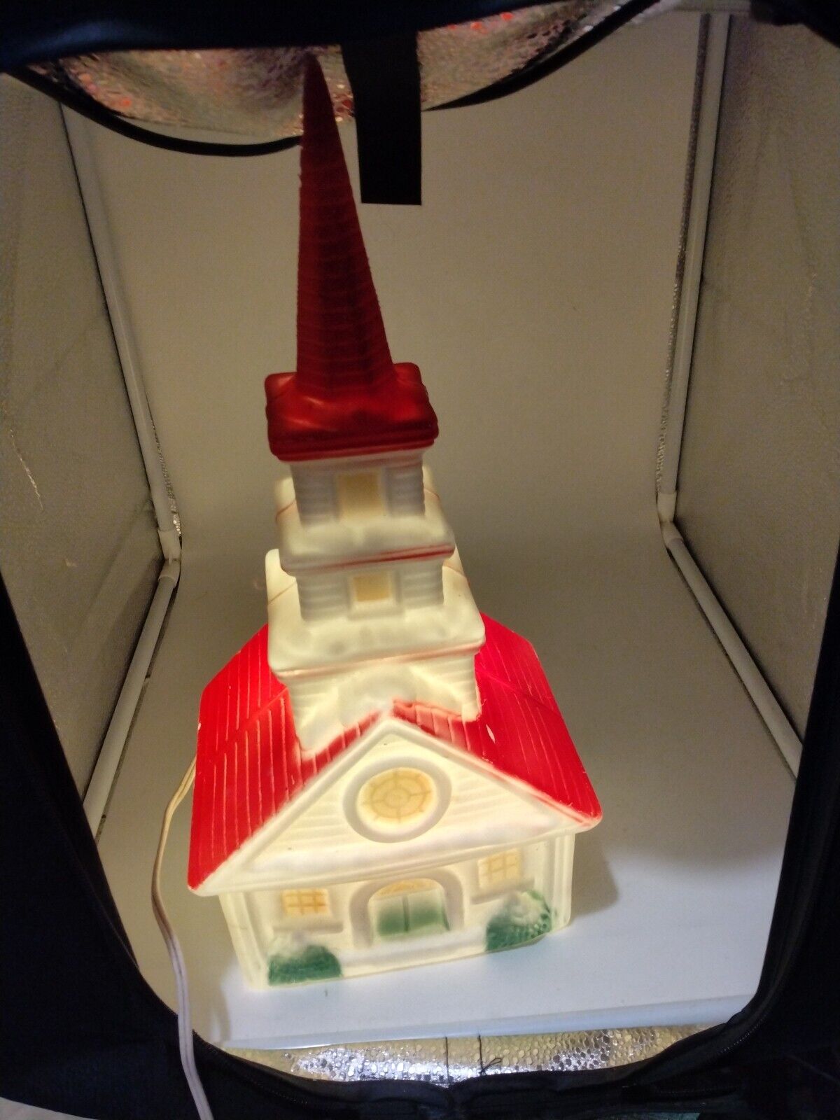 VTG 1960’s POLORON 15” LIGHTED CHURCH WITH STEEPLE BLOW MOLD LIGHT CORD WORKS