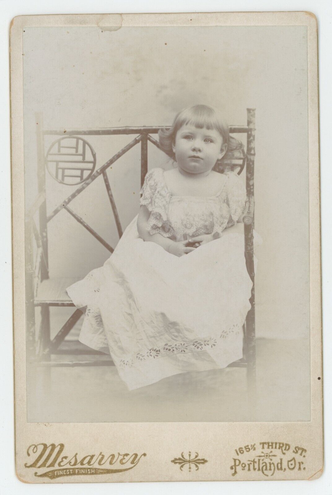 Antique Circa 1890s Cabinet Card Adorable Little Girl Sitting Bench Portland, OR
