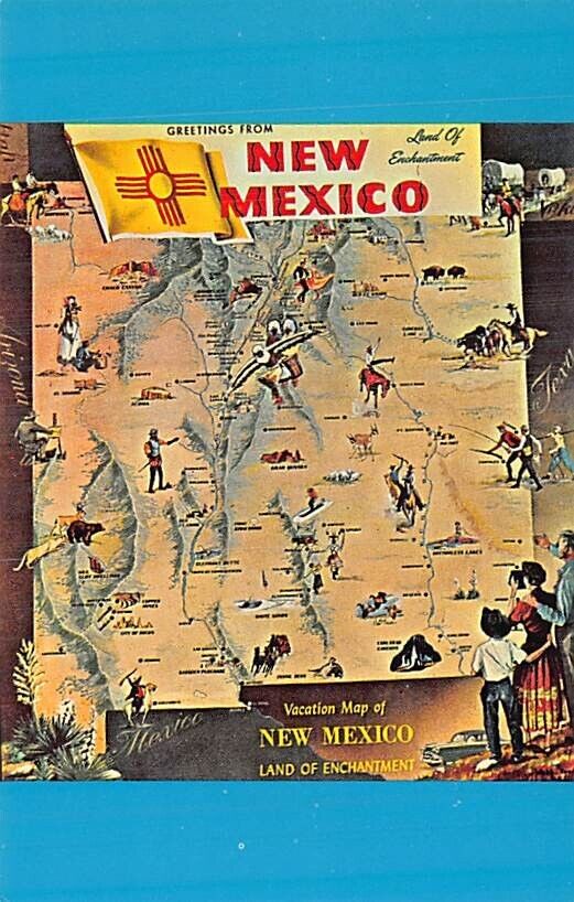 Postcard NM: Greetings from New Mexico, Vacation Map, 1950's